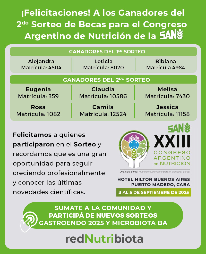 Ganadores del segundo sorteo de becas para el XXIII Congreso Argentino de Nutrición - RedNutribiota
