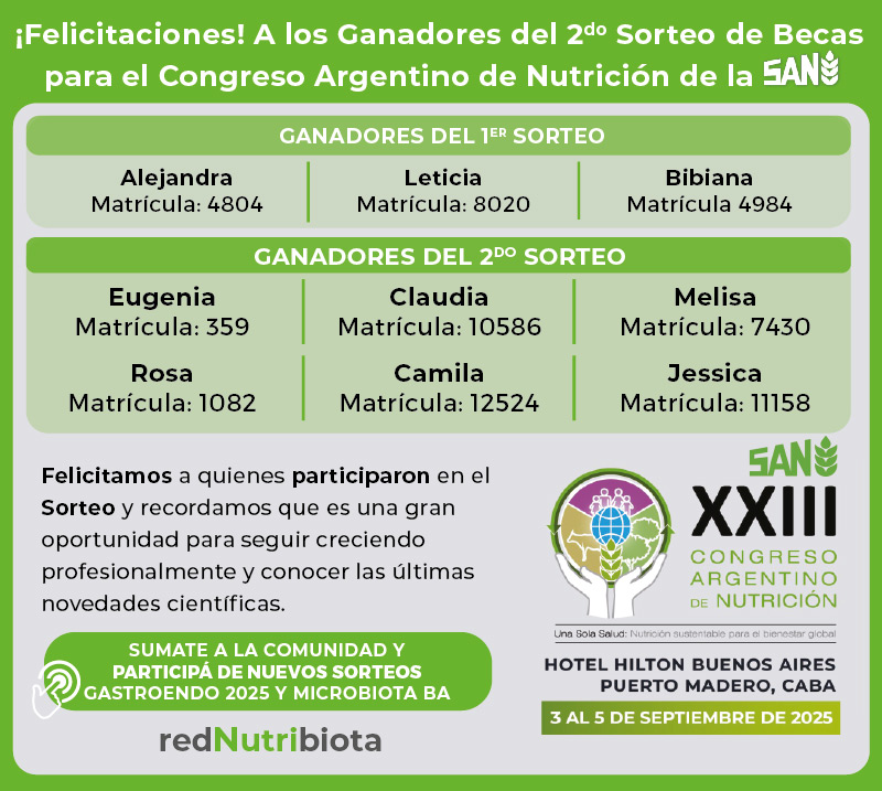 Ganadores del segundo sorteo de becas para el XXIII Congreso Argentino de Nutrición - RedNutribiota